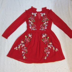 Red Long-Sleeve Dress with Embroidered Floral Design